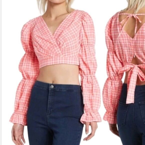 Topshop Pink & White Gingham Long Sleeve Crop‎ Top - Picture 1 of 8